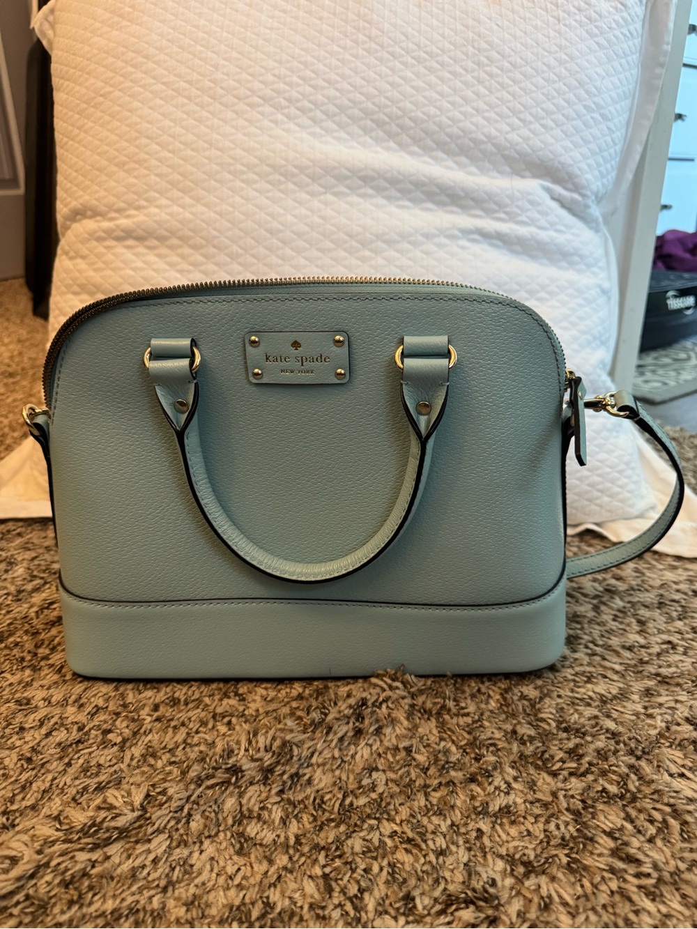 kate spade light blue dome satchel with gold hardware